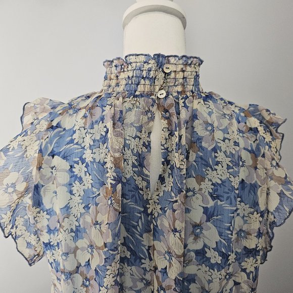 MELLODAY blue BLOUSE top FLORAL lined SMOCKED ruffles BLOUSE - Picture 8 of 12